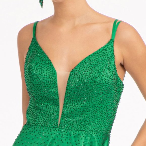 NEW GREEN LONG A-LINE DRESS WITH STRAPS ILLUSION SWEETHEART PROM GOWN GL3039 - Picture 3 of 8